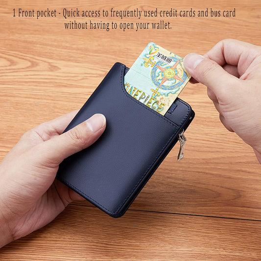 Mens Wallet with Zip Coin Pocket Slim Genuine Leather Credit Card Holder