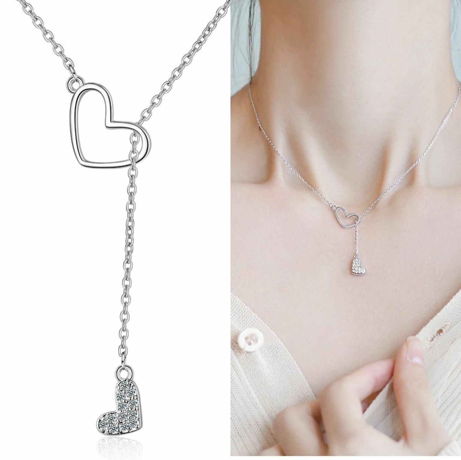 Lovely Women Double Heart Pendant Necklace 925 Sterling Silver Jewellery Gift