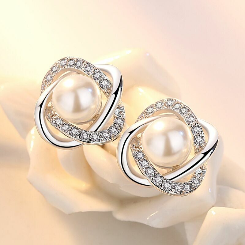 Crystal Pearl Twist Stud Earrings 925 Sterling Silver Jewellery Women Gift UK