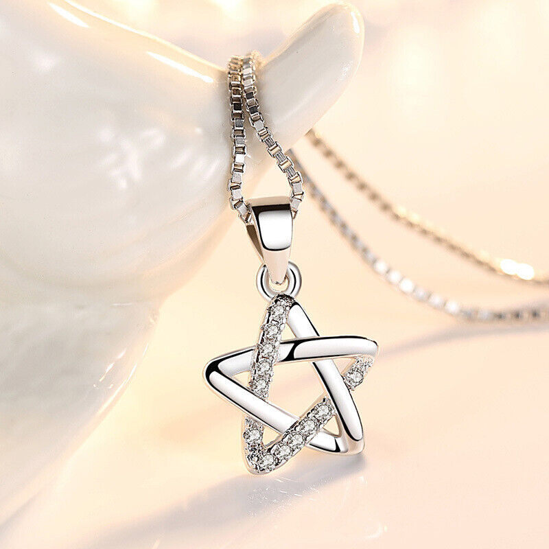 Crystal Star Pendant Chain Necklace 925 Sterling Silver Womens Jewellery Gift