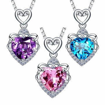 Womens 925 Sterling Silver Crystal Heart Pendant Chain Necklace Jewellery Gift