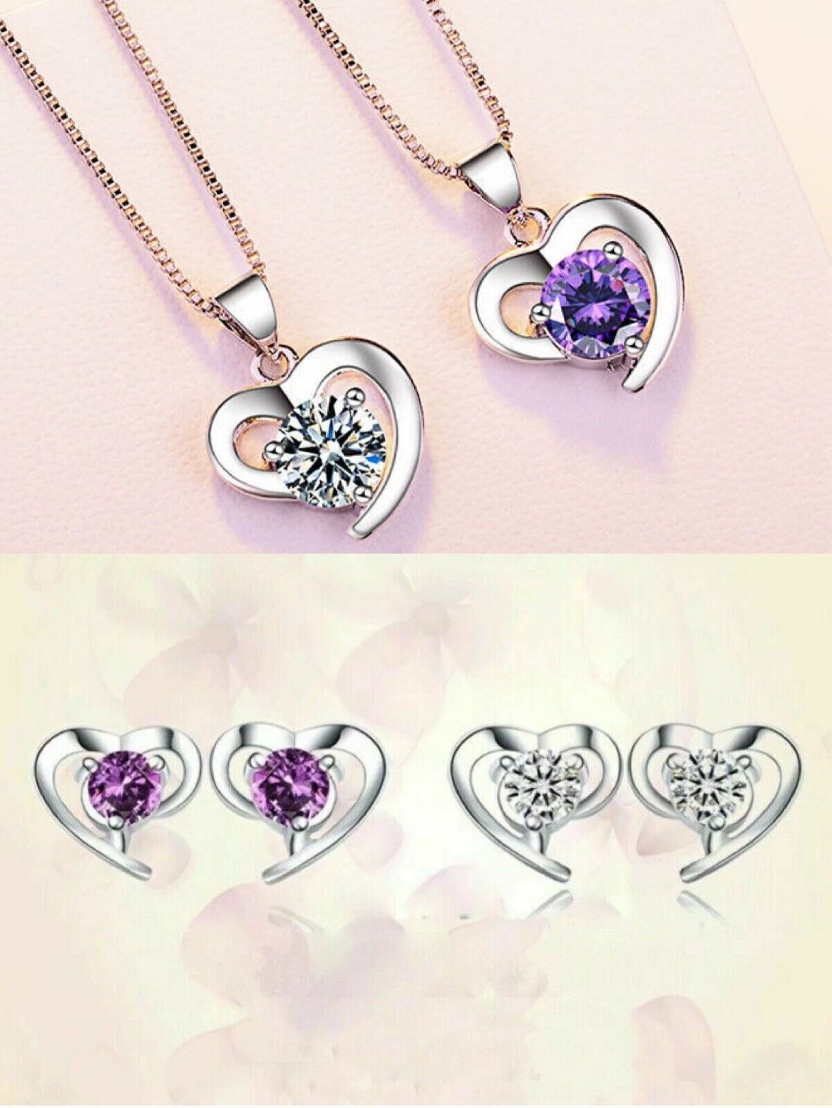 925 Sterling silver Heart Pendant Chain Necklace Stud Earrings Women Jewellery