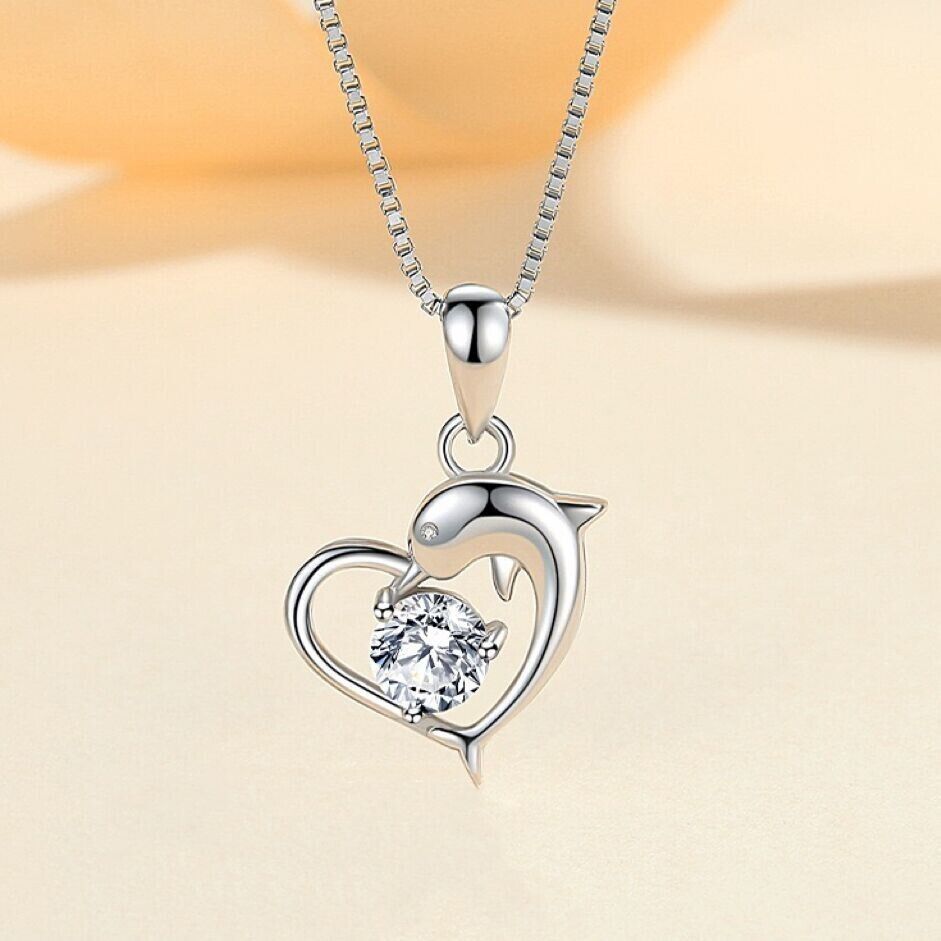 925 Sterling Silver Crystal Heart Dolphin Pendant Necklace Women Jewellery Gift