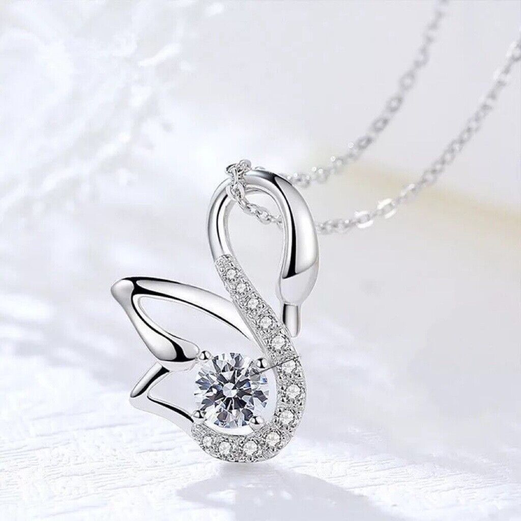 Crystal Swan Pendant Necklace 925 Sterling Silver Women Girls Jewellery Gift UK