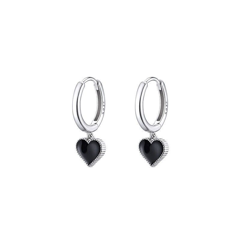 925 Sterling Silver Black Resin Love Heart Dangle/Drop Hoop Huggie Earrings Gift