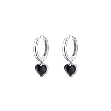 925 Sterling Silver Black Resin Love Heart Dangle/Drop Hoop Huggie Earrings Gift