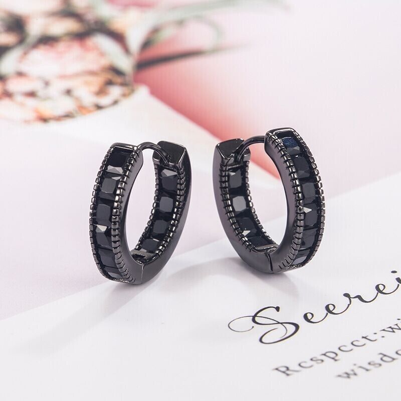 925 Sterling Silver Cubic Zirconia Black Hoop Earrings Women Girls Jewellery