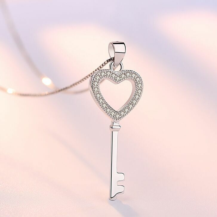 Women Crystal Heart Key Pendant Chain Necklace 925 Sterling Silver Jewellery UK