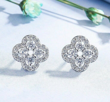 925 Sterling Silver Crystal Clover Stud Earrings Womens Girls Jewellery Gift