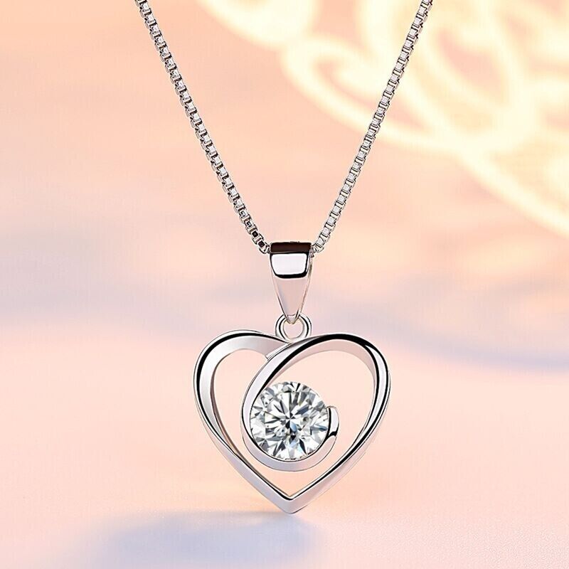 925 Sterling Silver Crystal Heart Swirl Pendant Necklace Women Girls Jewellery