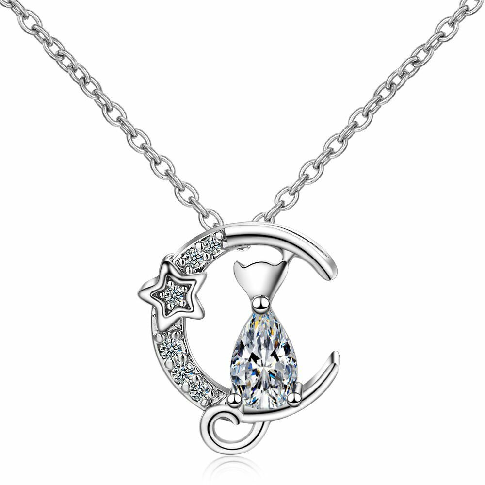 Women Crystal Moon Cat Pendant Chain Necklace 925 Sterling Silver Jewellery UK