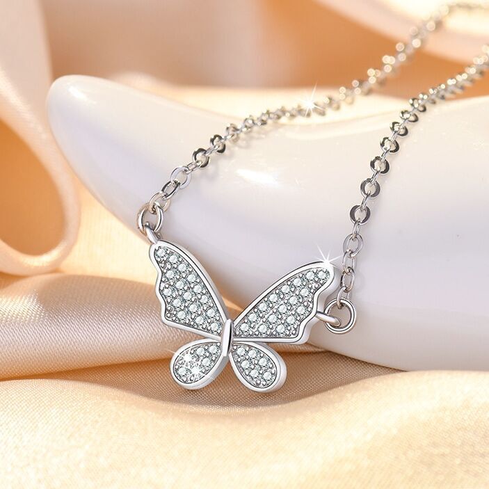 925 Sterling Silver Crystal Butterfly Pendant Necklace Womens Girls Jewellery