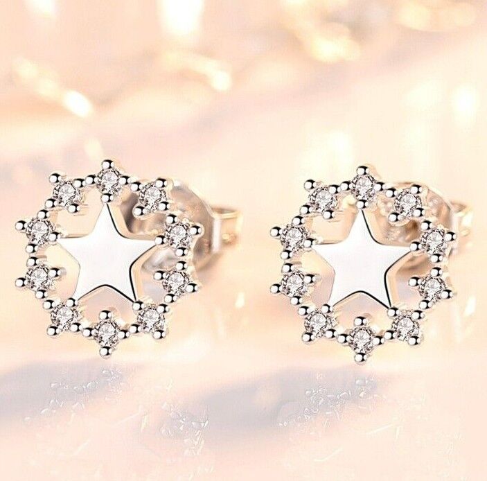 925 Sterling Silver Star Stone Linked Stud Earrings Womens Girls Jewellery New