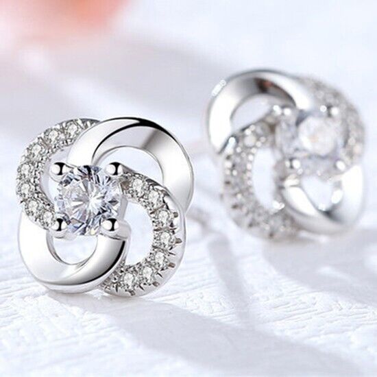 925 Sterling Silver Cubic Zirconia CZ 4 Leaf Clover Flower Stud Earring Gift UK