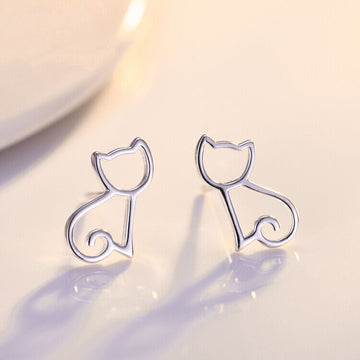 925 Sterling Silver Cutie Cat Hollow Stud Earrings Womens Girls Jewellery Gift