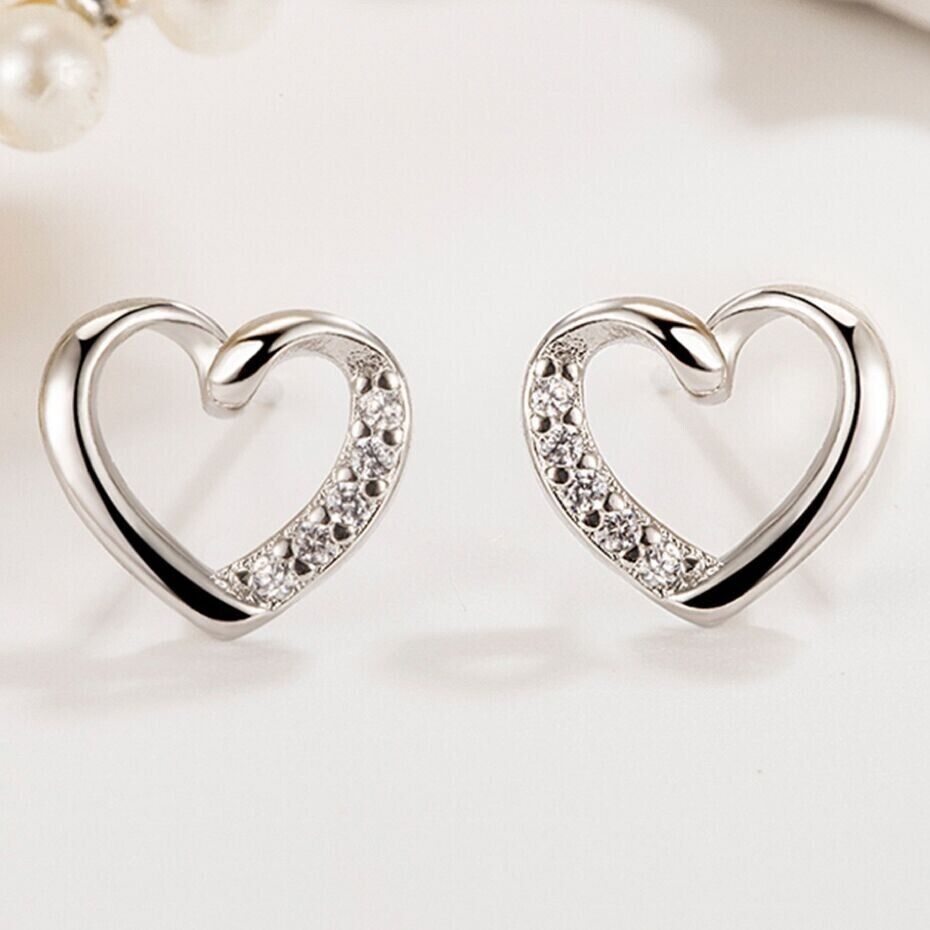 925 Sterling Silver Crystal Heart Stud Earrings Jewellery Women Girls UK Gift