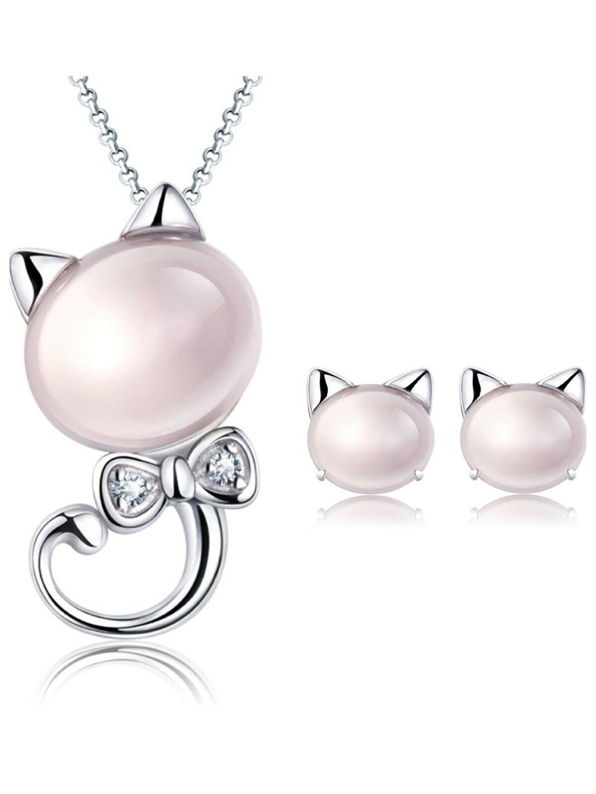 Moonstone Cat Pendant Necklace Stud Earrings 925 Sterling Silver Women Jewellery