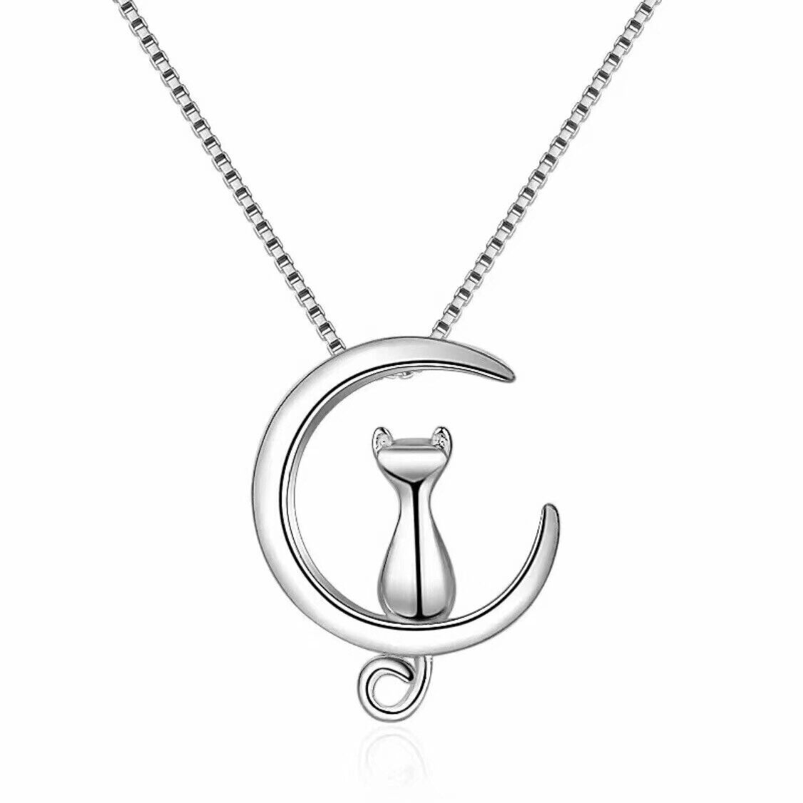 New Cat Moon Pendant Necklace 925 Sterling Silver Womens Jewellery Gift UK