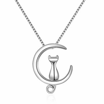 New Cat Moon Pendant Necklace 925 Sterling Silver Womens Jewellery Gift UK