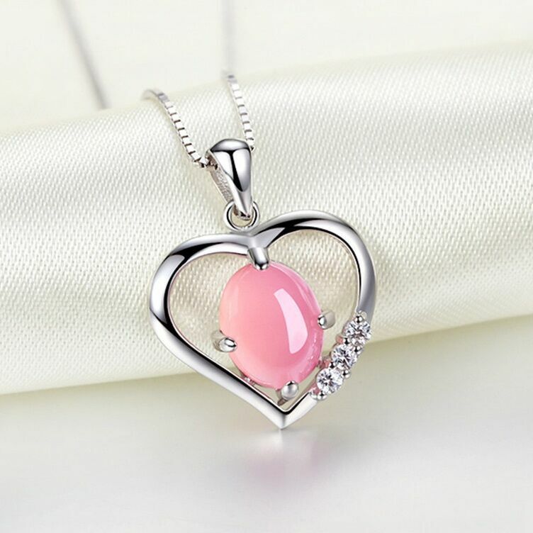 925 Sterling Silver Crystal Heart Moonstone Pendant Chain Necklace Jewellery