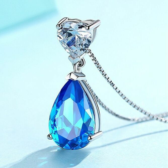 Crystal Heart Water Drop Pendant Necklace 925 Sterling Silver Womens Jewellery