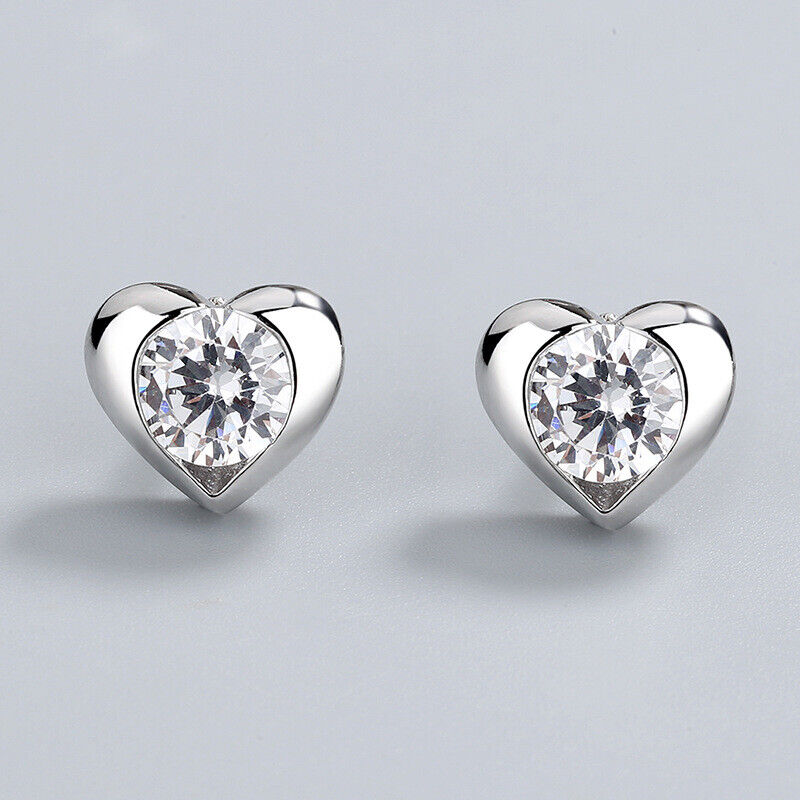 925 Sterling Silver Heart Round CZ Stud Earrings Womens Girls Jewellery New UK