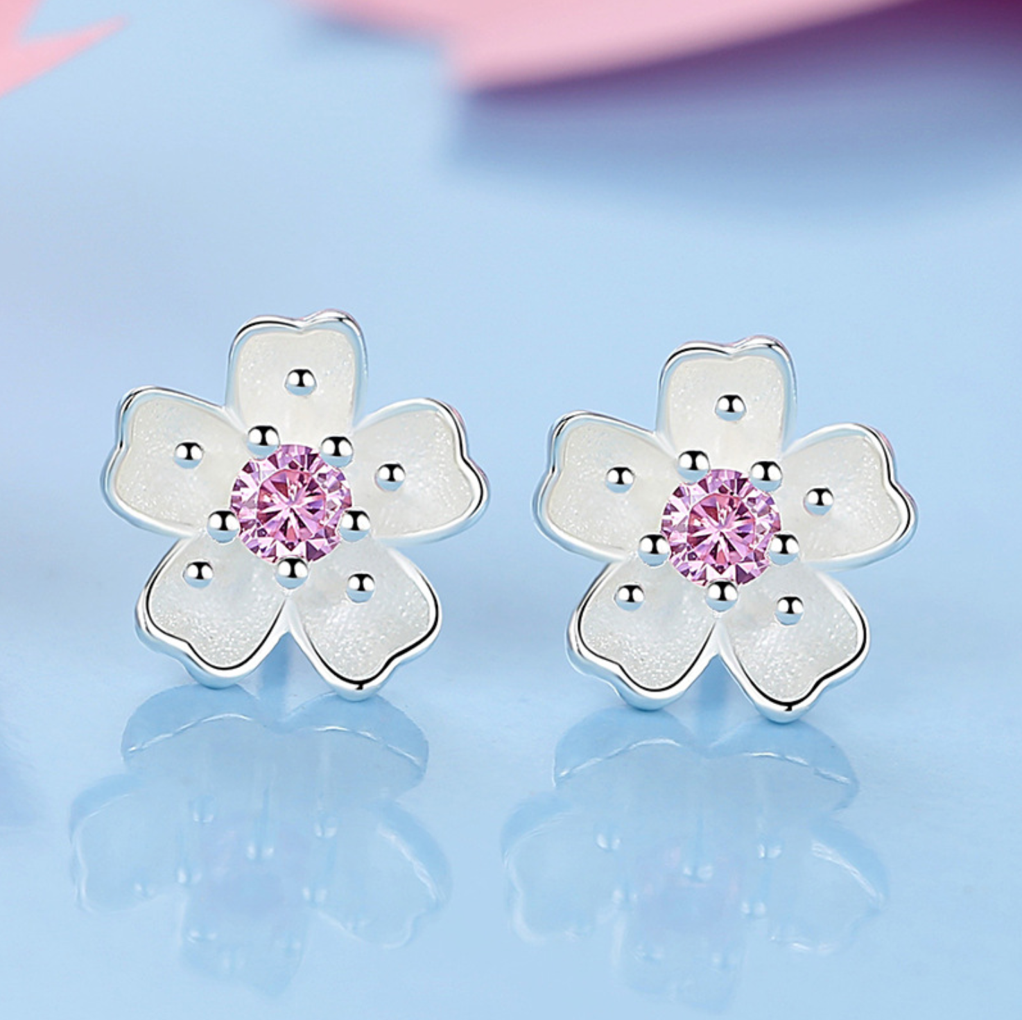 925 Sterling Silver Daisy Pink Stone Stud Earrings Womens Girls Jewellery New UK