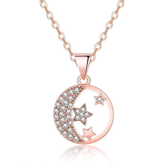 925 Sterling Silver Moon Star Rose Gold Pendant Necklace Womens Jewellery