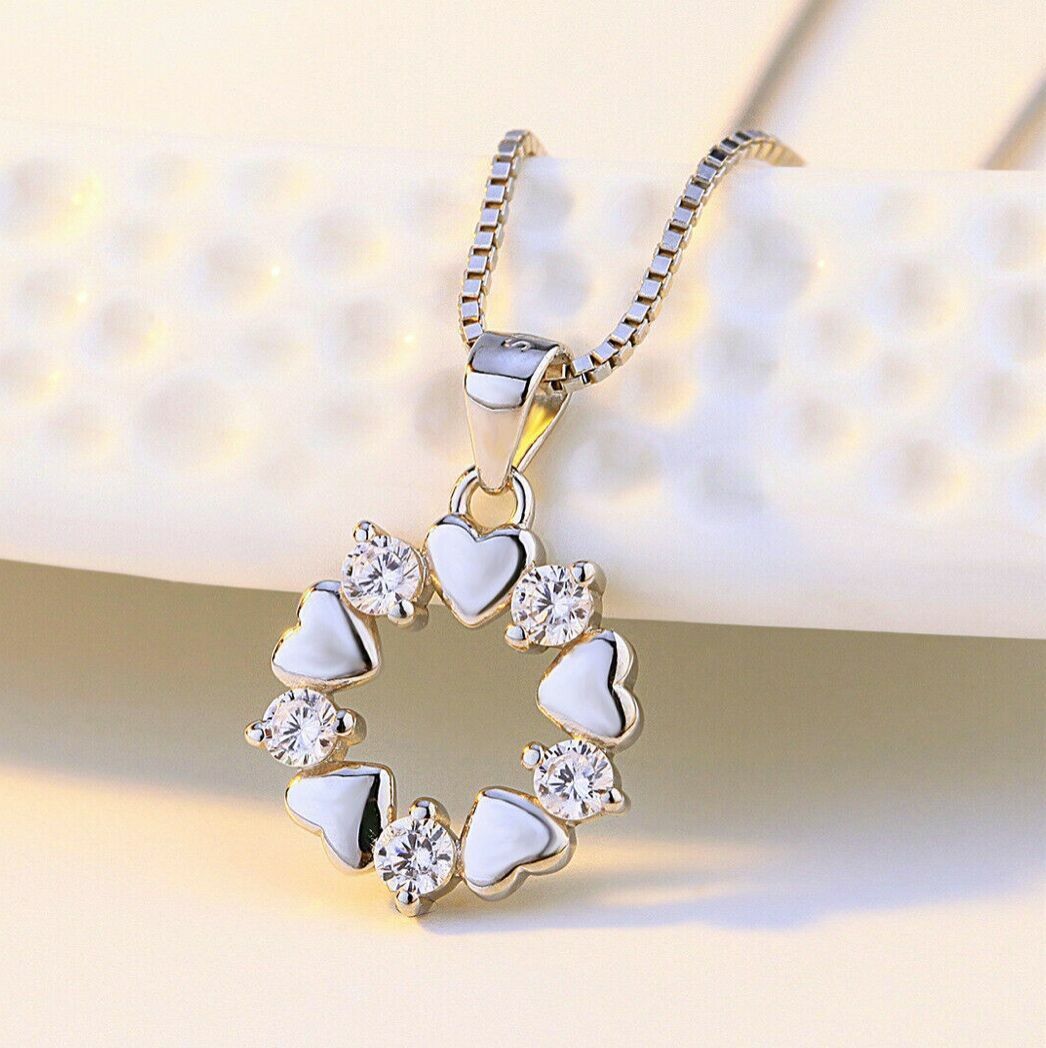 Crystal Heart Linked Charm Pendant Chain Necklace 925 Sterling Silver Jewellery