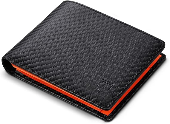 Mens Wallets RFID Blocking Carbon Fibre Leather Wallets for Men UK with 9 Card Slots, Coin Pocket, 2 Banknote Compartments, Trifold Mens Wallet with Gift Box -Black & Orange