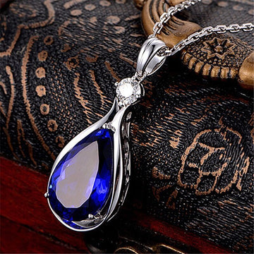 Blue Crystal Water Drop Pendant Chain Necklace 925 Sterling Silver Jewellery UK