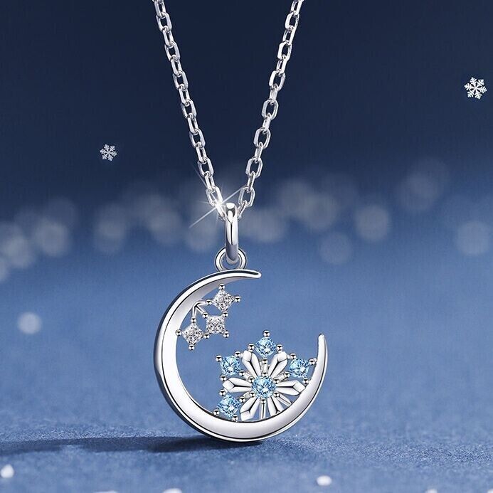 925 Sterling Silver Crystal Snowflake Moon Pendant Necklace Womens Jewellery