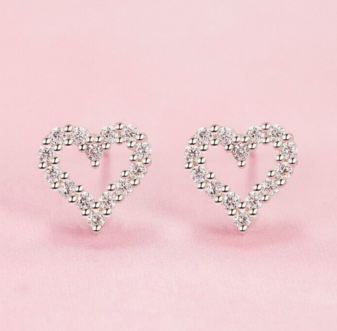 925 Sterling Silver Full Stone Heart Stud Earrings Womens Girls Jewellery New UK