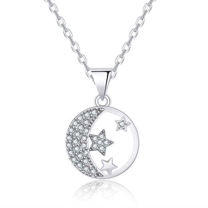 925 Sterling Silver Crystal Moon Star Pendant Necklace Womens Jewellery Gift UK