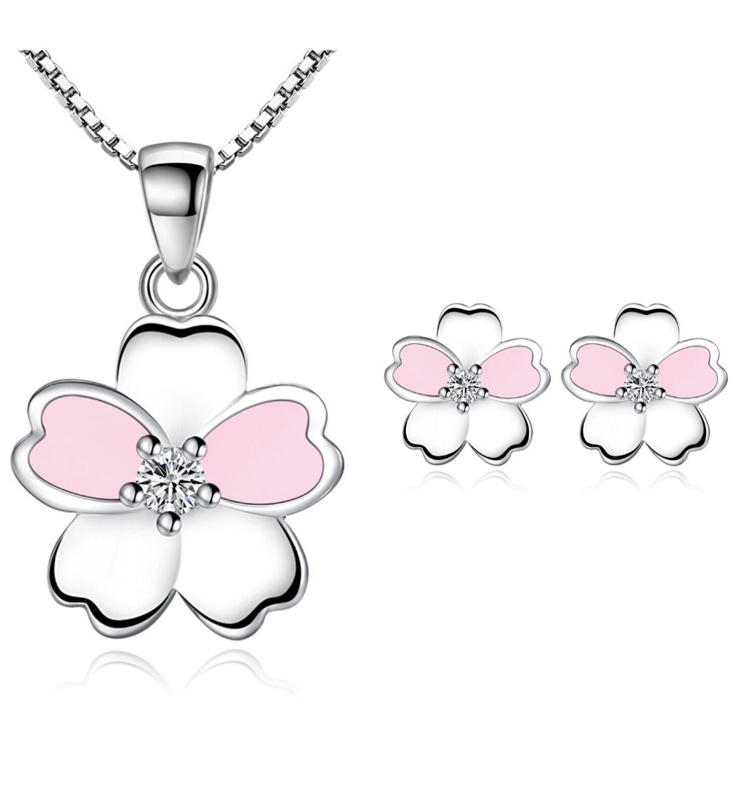 925 Sterling Silver Pink Flower Pendant Necklace Stud Earrings Womens Gift