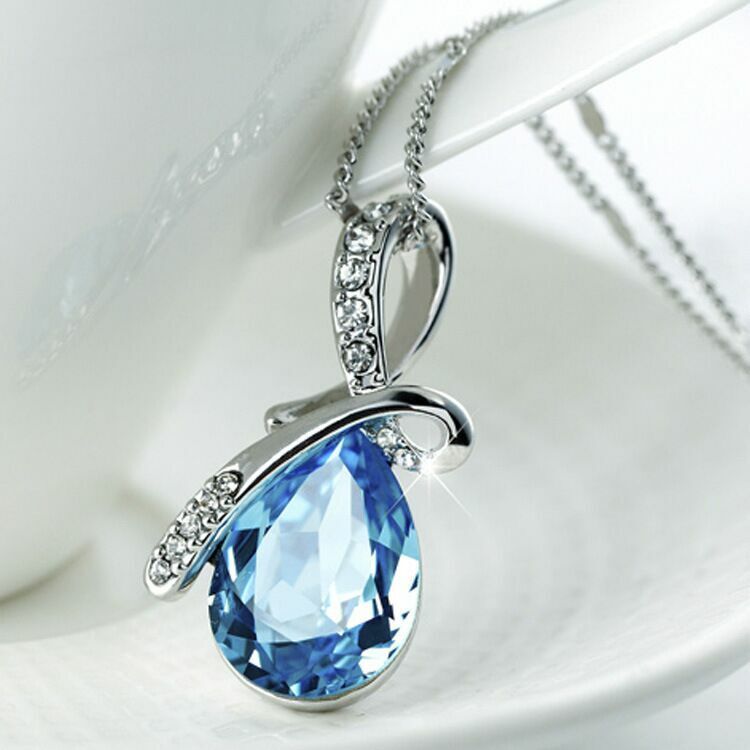 Womens 925 Sterling Silver Crystal Angel Water Drop Pendant Necklace Jewellery