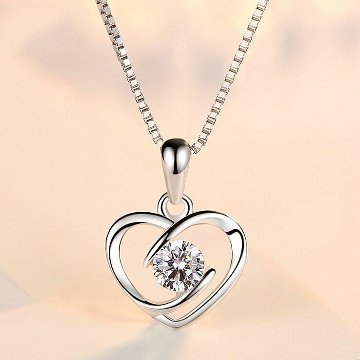 Women Crystal Heart Swirl Pendant Chain Necklace 925 Sterling Silver Jewellery