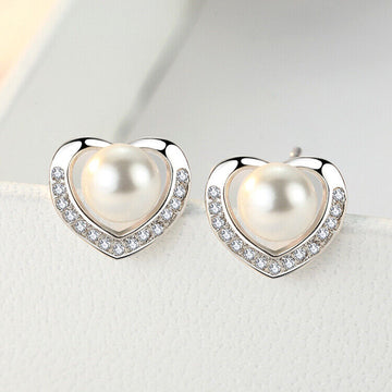 925 Sterling Silver Heart Pearl Stud Earrings Womens Girls Jewellery New Gift UK