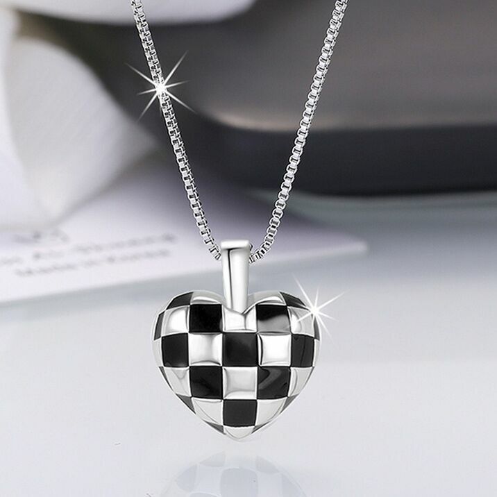 925 Sterling Silver Checkerboard Heart Pendant Necklace Women Jewellery Gift UK