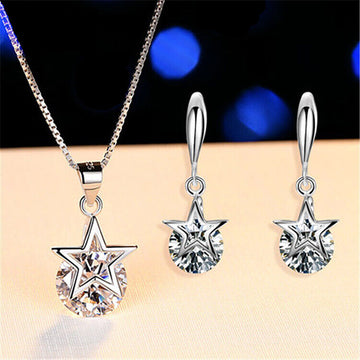 Crystal Star Pendant Necklace And Earrings 925 Sterling Silver Women's Gift Set