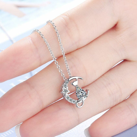 Women Crystal Moon Cat Pendant Chain Necklace 925 Sterling Silver Jewellery UK