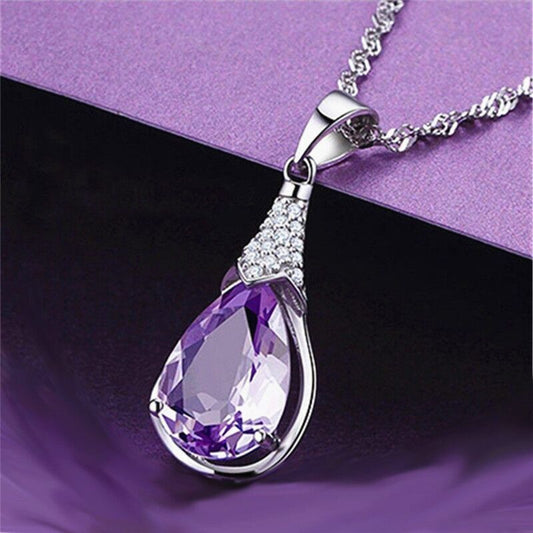 Crystal Water Drop Pendant Chain Necklace 925 Sterling Silver Women Jewellery UK