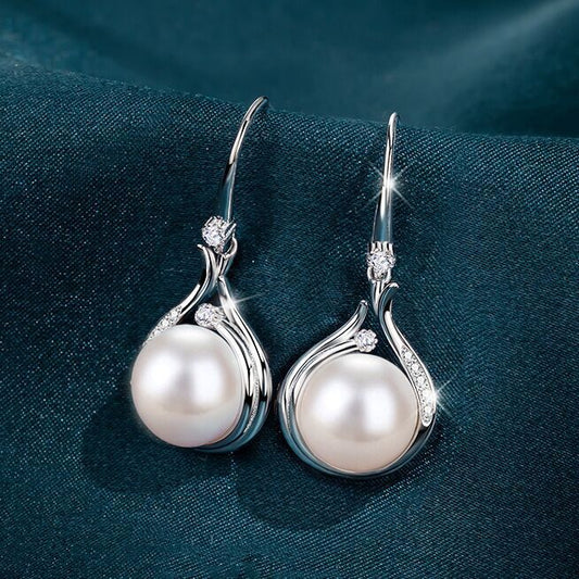 925 Sterling Silver Crystal Pearl Drop Necklace Hook Earrings Womens Jewellery