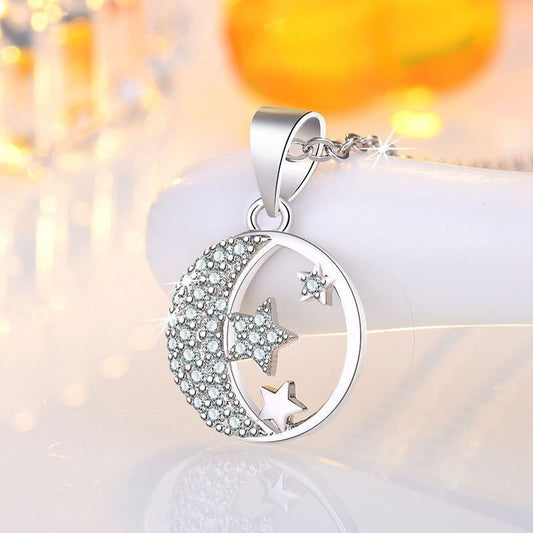 925 Sterling Silver Crystal Moon Star Pendant Necklace Womens Jewellery Gift UK