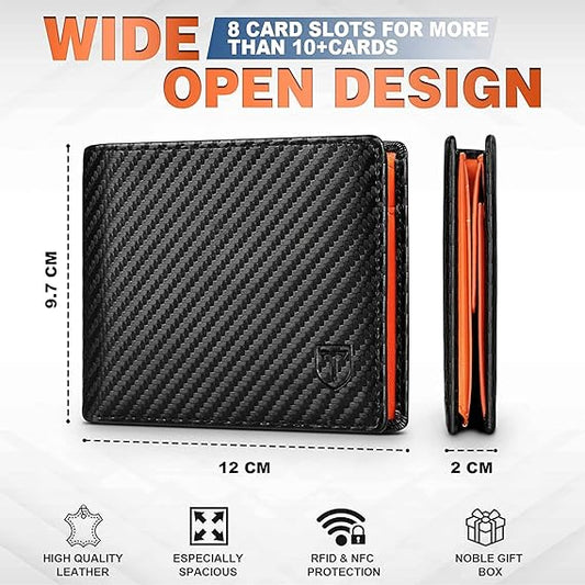 Mens Wallets RFID Blocking Carbon Fibre Leather Wallets for Men UK with 9 Card Slots, Coin Pocket, 2 Banknote Compartments, Trifold Mens Wallet with Gift Box -Black & Orange