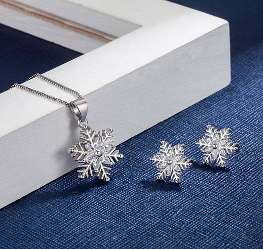 Crystal Snowflakes 925 Sterling Silver Necklace Stud Earrings Christmas Gift UK