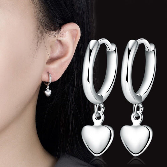 925 Sterling Silver Heart Polished Hoop Earrings Womens Girls Jewellery New UK