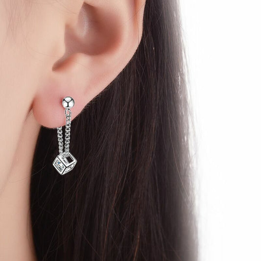 Women 925 Sterling Silver Crystal Cube Dangle Drop Stud Earrings Jewellery Gift