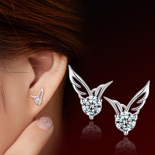 925 Sterling Silver Crystal Angel Wing Stud Earrings Women Girls Jewellery Gift