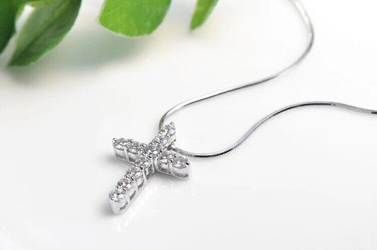 Crystal Cross Pendant Necklace 925 Sterling Silver Womens Girls Jewellery Gift